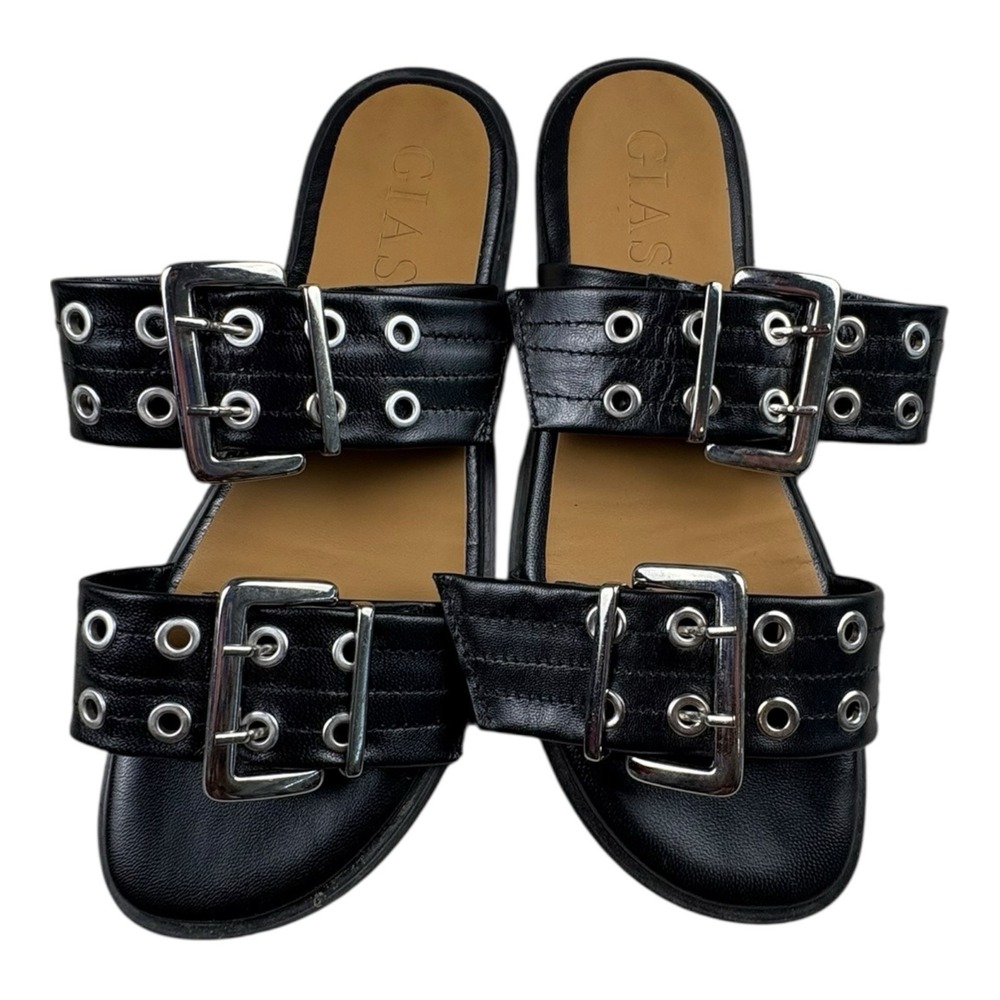 GIASONE Black Leather Double Buckle Slide Sandals Size 38 EU / 7.5 US